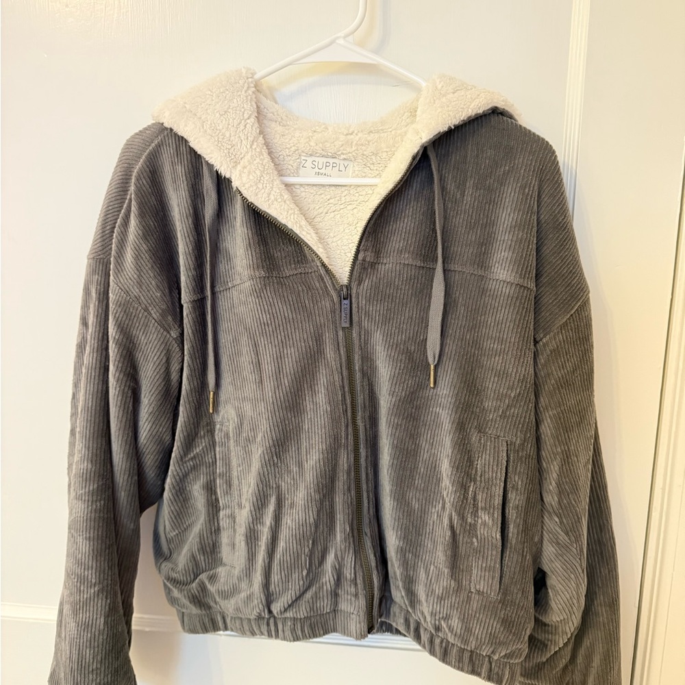 Olive Green Corduroy Zip-Up Jacket with Hood